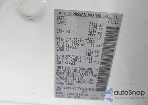 2019 Nissan Rogue Sv from USA, damaged, VIN 5N1AT2MV1KC766099